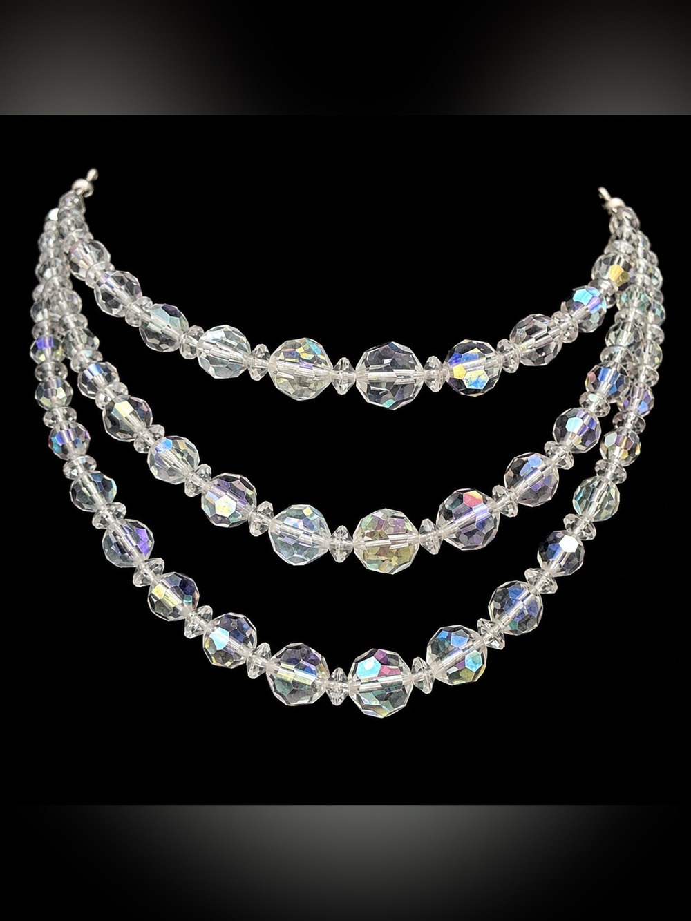 Vintage Aurora Borealis Crystal 3 Strand Statement Necklace ⭐